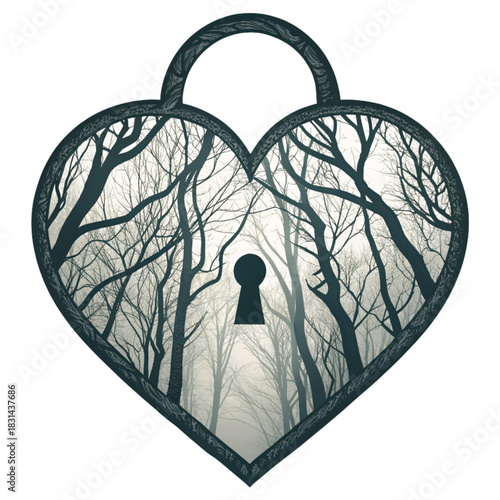 Unlock the secrets of the heart with this enchanting forest scene, perfect for adding a touch of mystery and romance to your creative projects