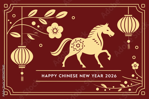 Vector illustration of Happy Chinese New Year 2026, featuring elegant horse silhouette, ornate flowers, and festive decorative elements on red background