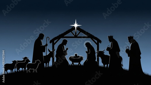 Silhouette of the nativity scene at night featuring mary, joseph, the baby jesus in a manger, shepherds, wise men, and animals under a bright star