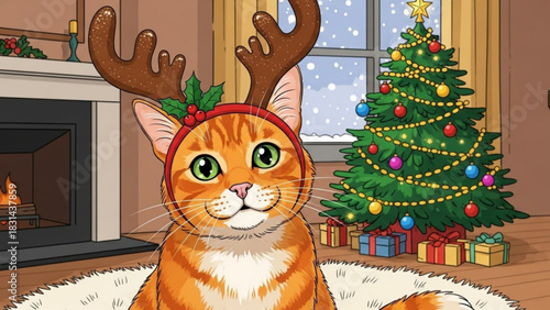 Adorable orange tabby cat wearing festive reindeer antlers with holly sits in front of a cozy fireplace and a decorated christmas tree indoors during winter
