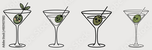 Martini cocktails with funny olives cartoon illustration