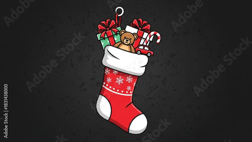 Christmas Stocking of Delights: A festive red Christmas stocking overflowing with colorful presents and charming festive trinkets, a symbol of joyful anticipation.