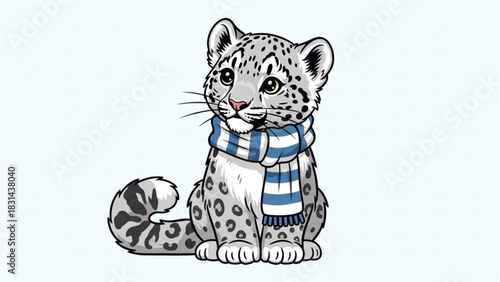 Charming Snow Leopard with Scarf: A cuddly snow leopard cub, adorned with a cozy scarf, sits playfully, capturing a sense of innocence. 