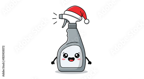Cute cartoon spray bottle wearing a Santa hat sprays mist with a happy face.