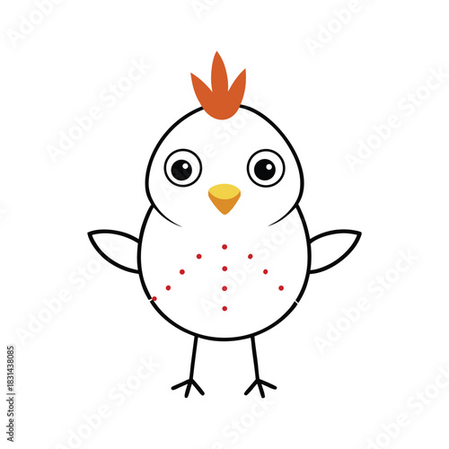 Cute cartoon chicken with orange comb and red dots on white background bird