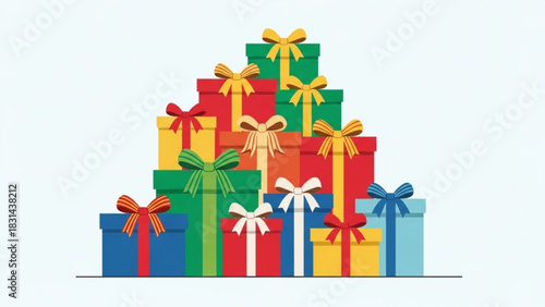 Stacked Presents: A vibrant display of wrapped gifts of various sizes, shapes, and colors, tied with decorative ribbons, symbolizing generosity and festive cheer.