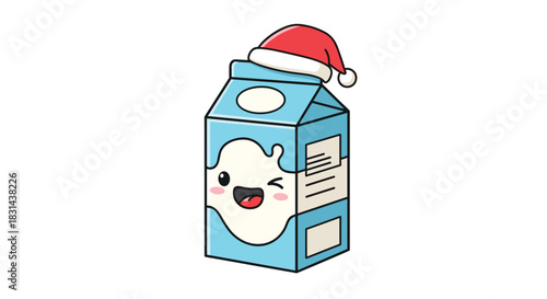 Cute cartoon milk carton wearing a Santa hat and winking with a happy expression, festive holiday illustration.