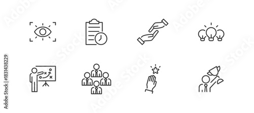 Goal Icon Set containing vision, plan, support, idea, strategy, team, motivation and success vector icons