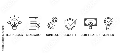 ISO 27001 Icon set containing technology, standard, control, security, certification and verified vector icons