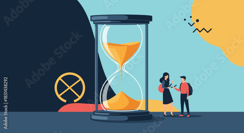 Two people consult their phones near a large hourglass on a blue background with abstract shapes.