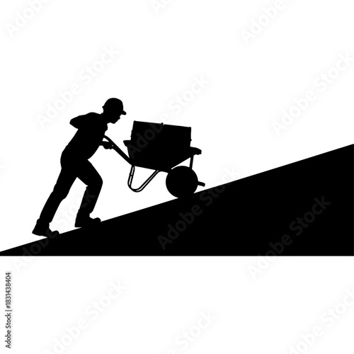 Worker pushing heavy wheelbarrow uphill in silhouette, hard work concept Vector