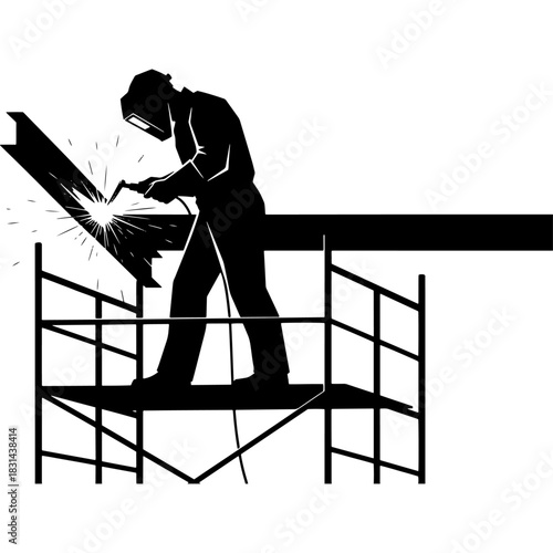 Tradesman welding metal construction on scaffolding, with bright sparks Vector