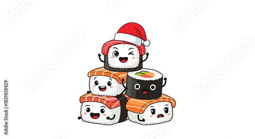 Cute cartoon sushi characters stacked in a pyramid wearing a Santa hat for Christmas.