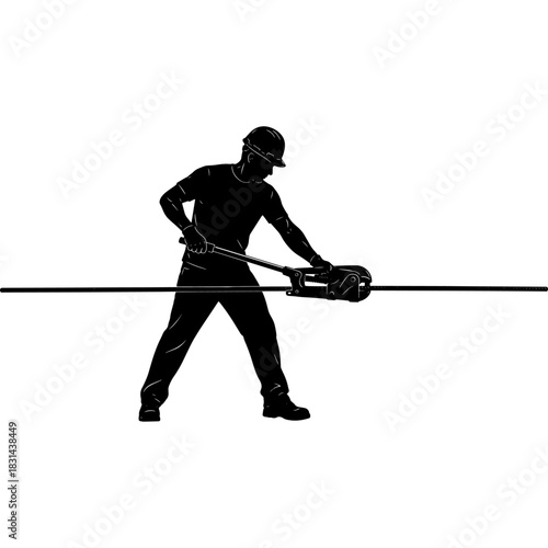 Worker silhouette cutting cable with heavy-duty bolt cutters on site Vector