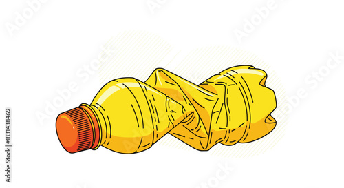 A yellow crushed plastic bottle with an orange cap lies on its side.