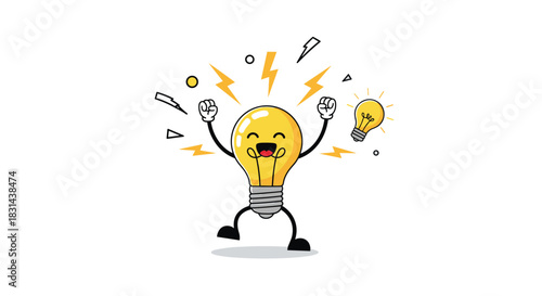Excited cartoon light bulb character celebrating with arms raised and a new idea glowing brightly nearby.
