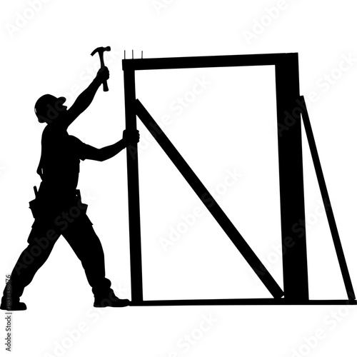 Silhouette of a construction worker hammering a wooden frame on white background Vector