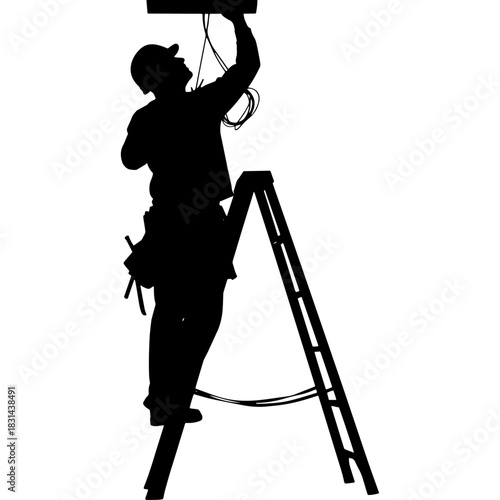 Professional electrician silhouette on ladder installing wires overhead work. Vector