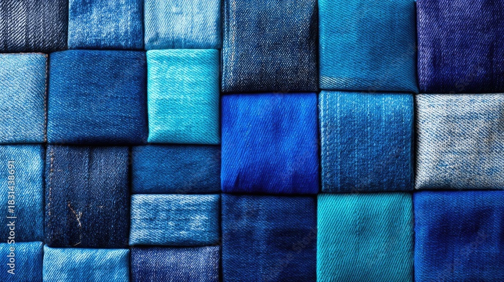 Fototapeta premium Blue denim patchwork design with fabric squares concept. A vibrant collage of various denim fabric textures and colors.