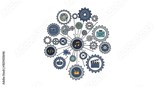Creative industry teamwork concept featuring music, film, art, and tech icons working together in a cogwheel design, perfect for innovation projects