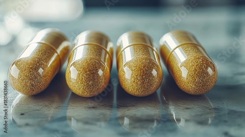 Close-up of four translucent capsules containing grainy, light-brown substance, reflecting on a glossy surface