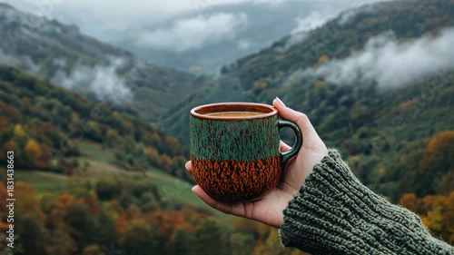 A hand holding a colorful ceramic mug of liquid, against a blurred, misty, mountainous, autumn backdrop
