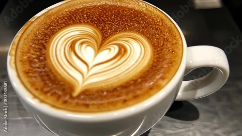 Overhead shot of a heart-shaped latte art in a white mug on a dark surface