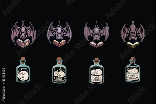 Bats reading books and cats in bottles labeled liquid courage vampire flying
