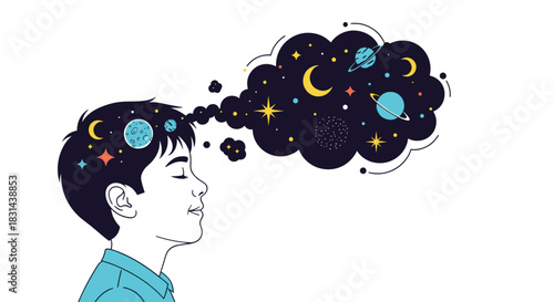 A young boy with his eyes closed, deep in thought with a dream bubble filled with the cosmos above his head.