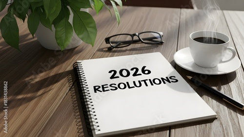 2026 Resolutions Notebook on Wooden Desk with Coffee and Plant.