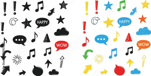 Colorful collection of playful doodles symbols and hand drawn expressive elements