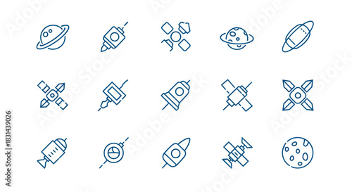 Collection of vector spacecraft and celestial body icons in linear style