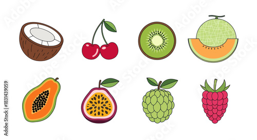 Collection of vibrant tropical fruits illustrated on a clean white background
