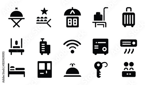 Hotel Amenities and Services Icons Black Symbols on White Background Hospitality Vector