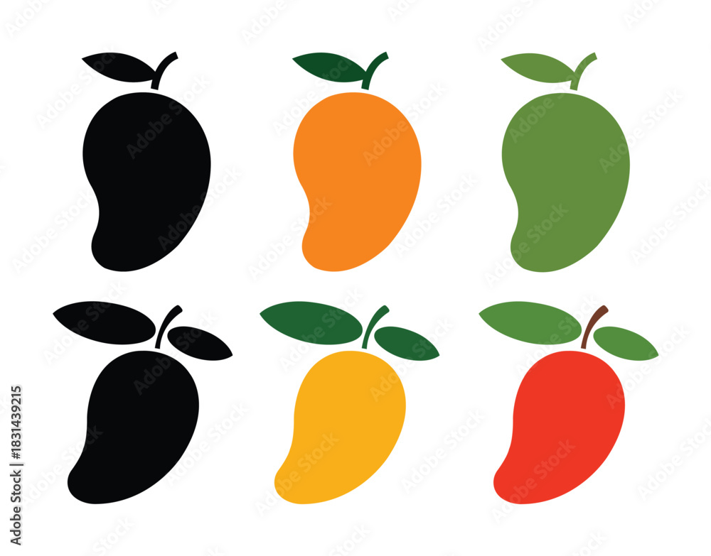 Obraz premium Six mangos in various colors, ripe and unripe mangos vector illustration