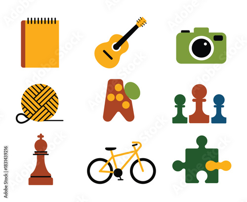 Creative Hobbies Vector Icons Such As Guitar, Chess, Camera, Yarn, Book and Another Items