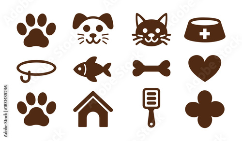 Animals and pet care icons set featuring paw prints, dogs, cats, and pet food design