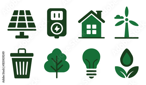 Ecological and sustainable living icons set solar panel, electricity, house, windmill design