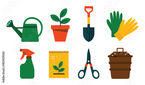 Gardening equipment icons set featuring watering can, pot, shovel, and gloves elements