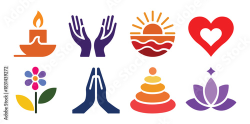 Wellness icons set showcasing candle, hands, sunset, and heart elements collection
