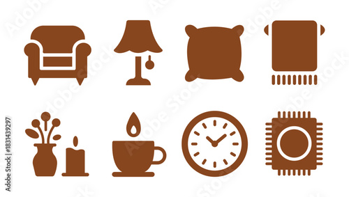Cozy home decor vector icons set in brown color for comfortable interior design