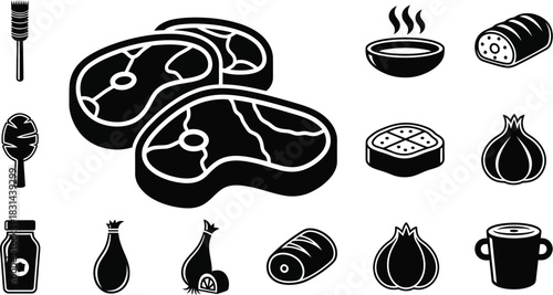 Black silhouette icons representing various cuts of meat and cooking ingredients