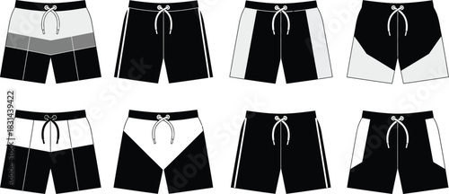 A collection of eight different color block swim shorts designs displayed neatly