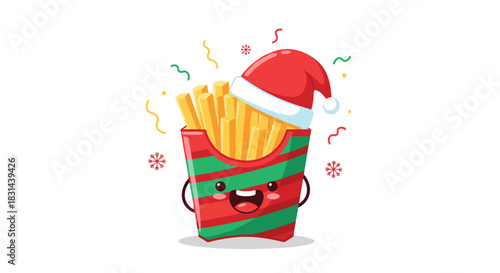 Cute cartoon french fries wearing a Santa hat and Christmas themed container.