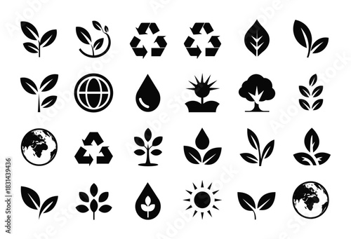 Set of black and white ecology nature icon in simple style on isolated background