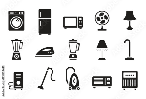 Set of black and white household appliance icon in simple style on isolated background