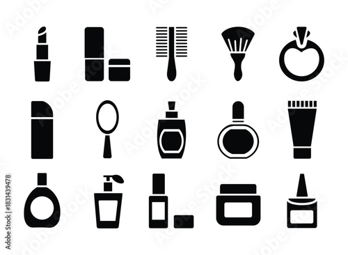 Cosmetic product icons set collection featuring lipstick mirror lotion and cream bottles