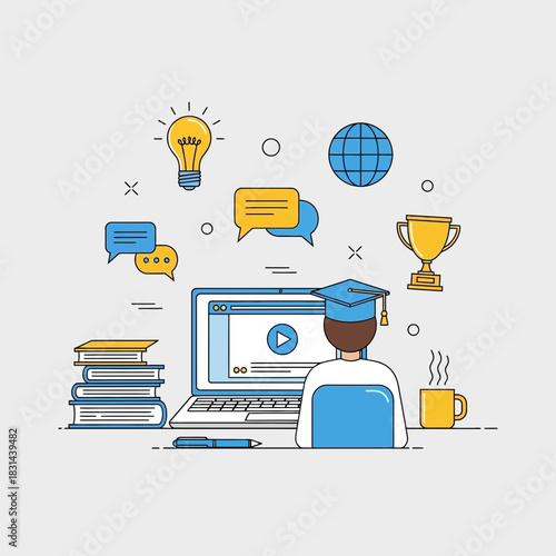 Student celebrating online graduation achievement with laptop, books, trophy, and coffee, symbolizing knowledge and success in modern education.