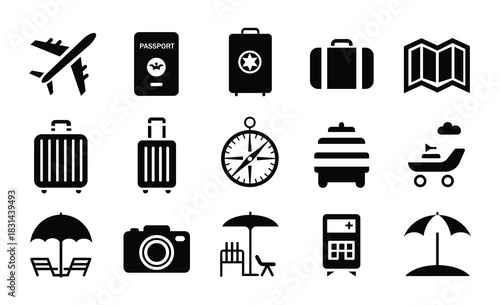 Travel and adventure icons collection including luggage airplane passport compass camera