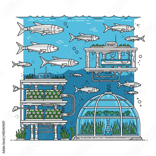 Sustainable aquaponics system with fish and vibrant plants showcasing innovative food production and ecological balance in clear blue water